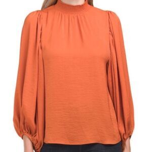 VINCE CAMUTO Orange Smocked Women’s Long Sleeve Neck Blouse Shirt Size Small